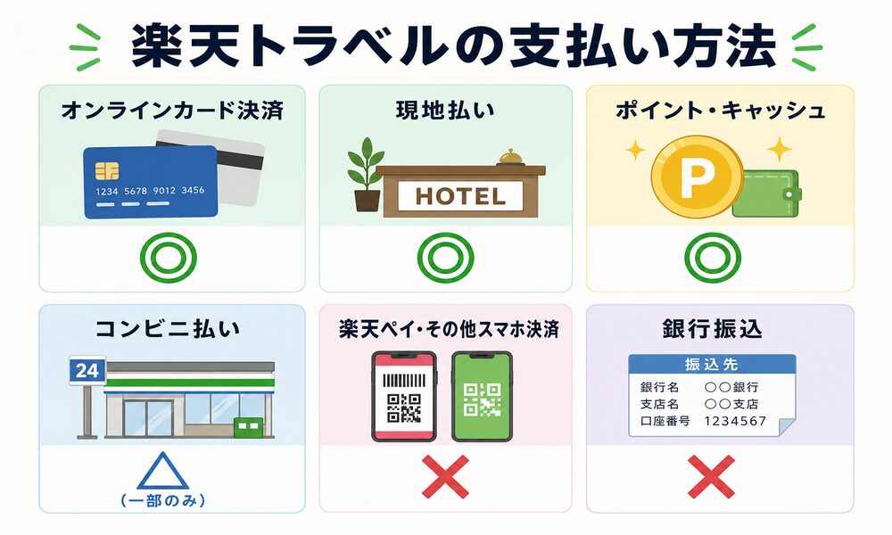 楽天トラベルの支払い方法 早見表 楽天トラベルの支払い方法 早見表(オンラインカード決済・現地払い・ポイント・コンビニ・楽天Pay・銀行振込)