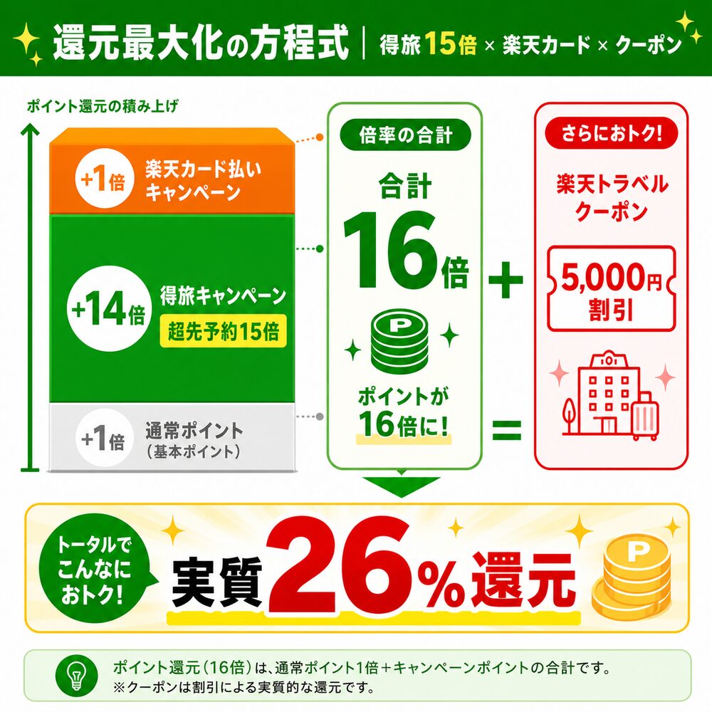 楽天トラベル還元最大化の方程式図解。得旅15倍×楽天カード+1倍=16倍に5,000円クーポン割引で実質26%還元