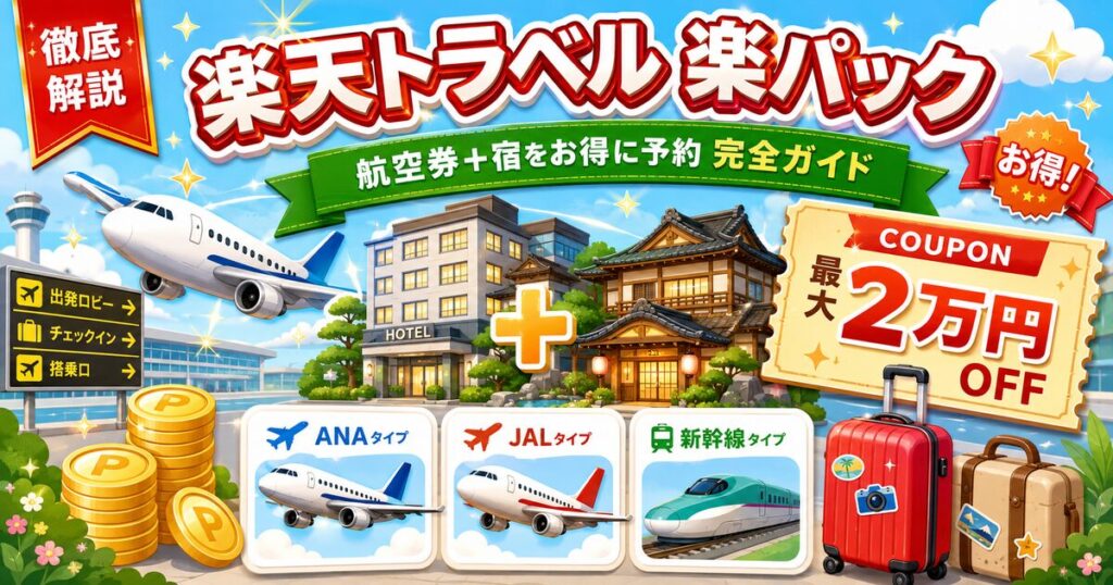 楽天トラベル 楽パック完全ガイド｜ANA/JAL/JR比較・予約方法・お得なクーポン併用で最大2万円OFF【2026年最新】