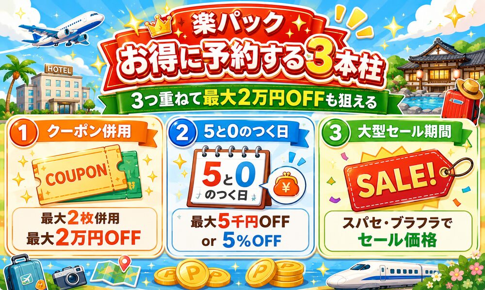 楽パック お得に予約する3本柱｜クーポン併用×5と0のつく日×大型セール期間で最大2万円OFF