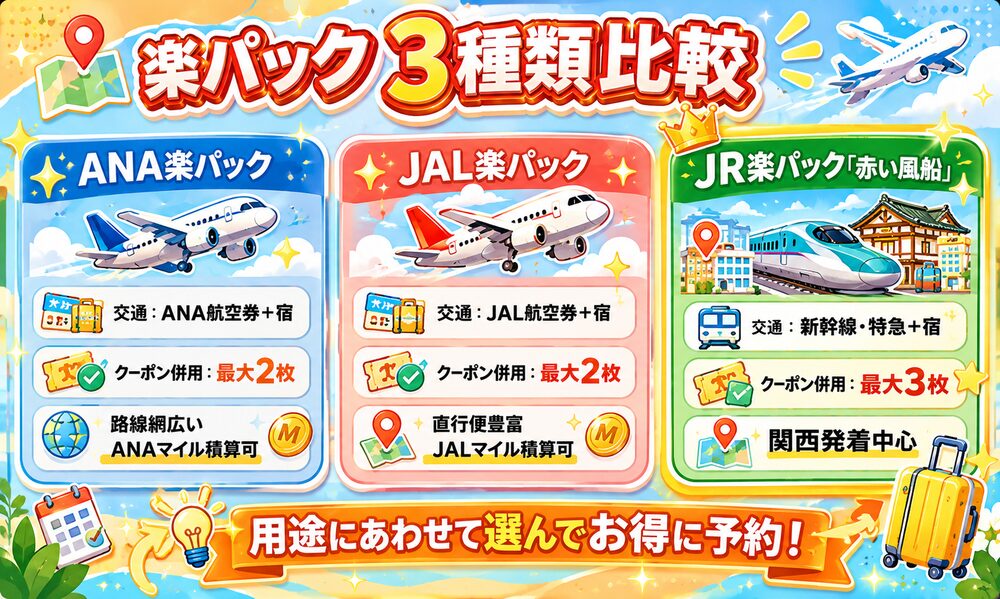 楽パック 3種類比較｜ANA楽パック・JAL楽パック・JR楽パック「赤い風船」の特徴・併用枚数