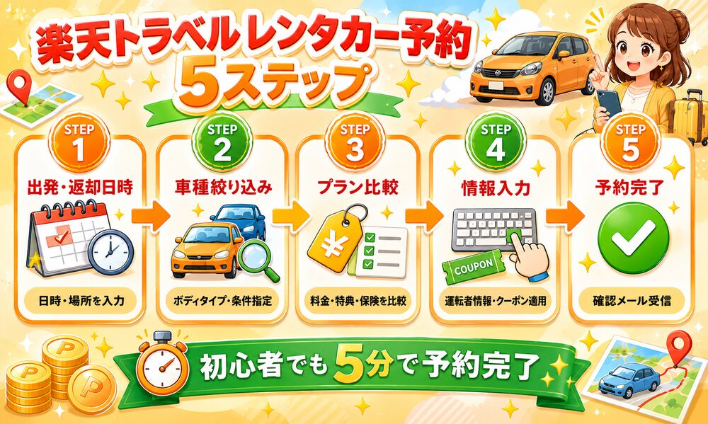 楽天トラベル レンタカー予約 5ステップフロー図｜出発返却日時・車種絞り込み・プラン比較・情報入力・予約完了