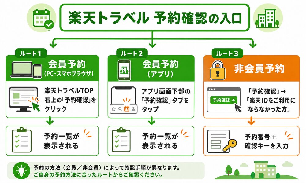 楽天トラベル 予約確認の入口（PC・スマホ・アプリ・非会員の3ルートフロー図）
