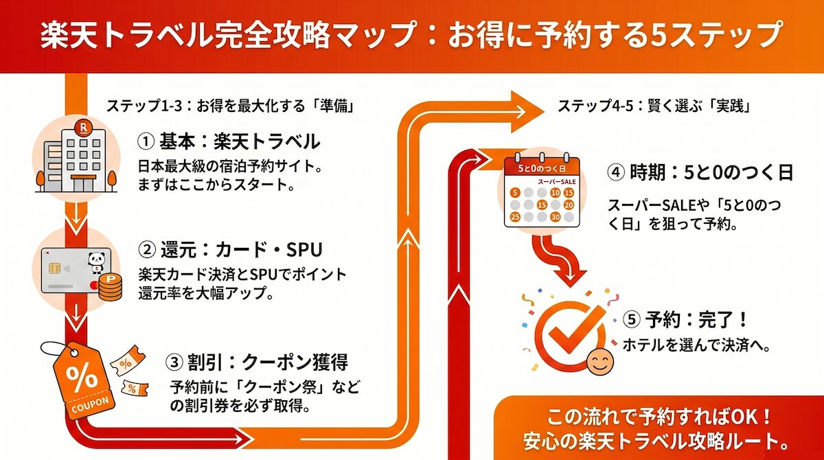 楽天トラベルの攻略手順を5ステップで解説した図解