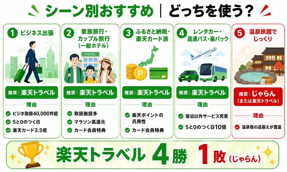 楽天トラベル vs じゃらん シーン別おすすめマップ。5シーンのうち4で楽天トラベル、1でじゃらんが優勢