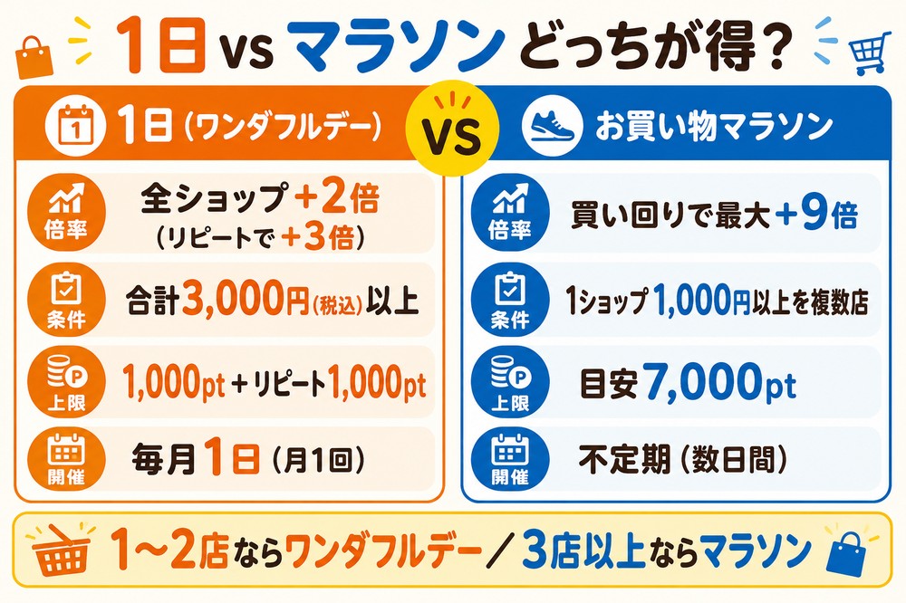 楽天1日とお買い物マラソンの比較：倍率・条件・上限・開催の違い