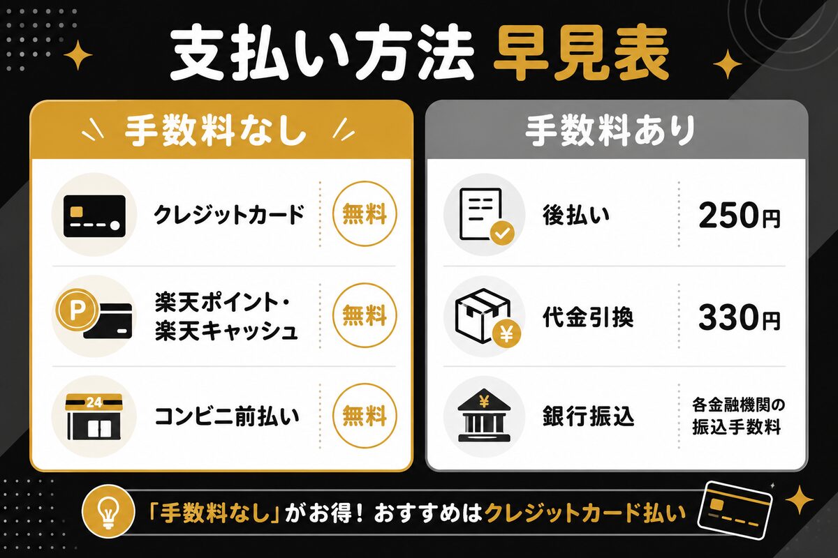 楽天ファッションの支払い方法 早見表（手数料あり・なし）