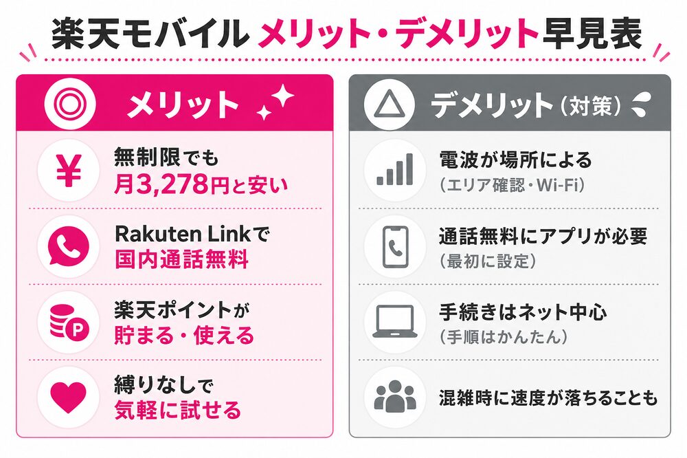 楽天モバイルのメリット・デメリット早見表(料金・通話無料・電波・対策)