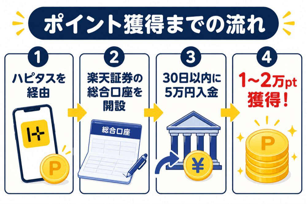 ハピタス×楽天証券 ポイント獲得までの流れ(経由→口座開設→5万円入金→獲得)