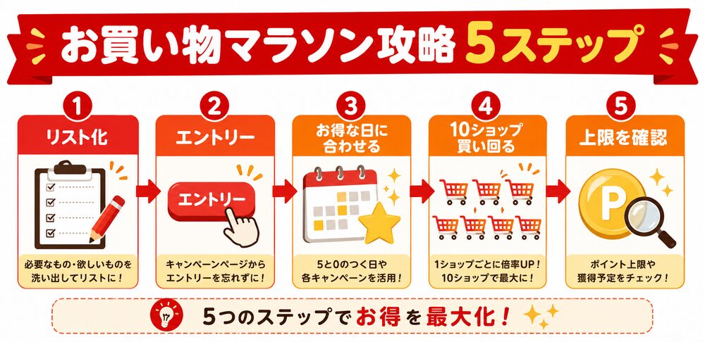 お買い物マラソン攻略5ステップ フローチャート(リスト化・エントリー・お得な日・買い回り・上限確認)