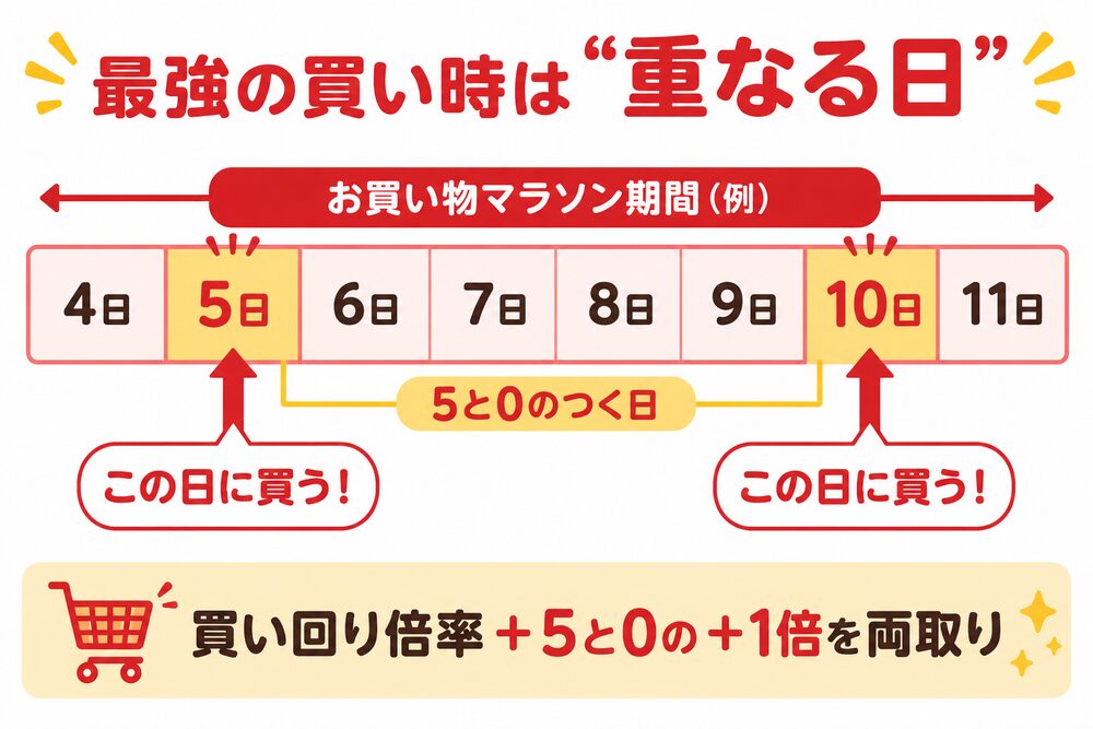 お買い物マラソン期間と5と0のつく日の重なりを示すカレンダー図解(重なる日に買えば買い回り倍率+5と0の+1倍を両取り)