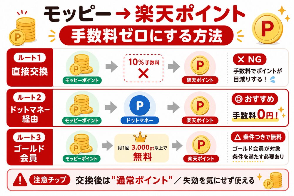 モッピーから楽天ポイントへ手数料ゼロで交換する3つのルート比較