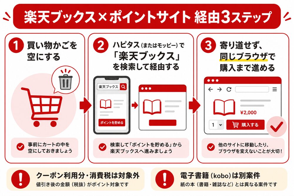楽天ブックスをポイントサイト経由で買う3ステップ(かごを空に・検索して経由・寄り道せず購入)