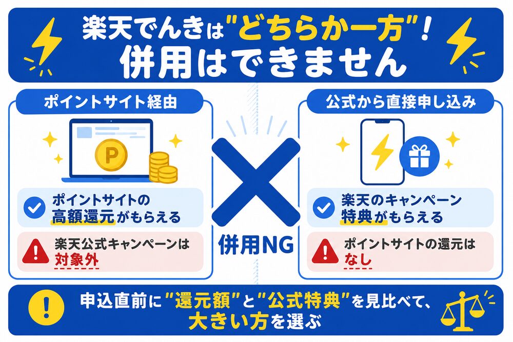 楽天でんきはポイントサイト経由と楽天公式キャンペーンを併用できない比較図