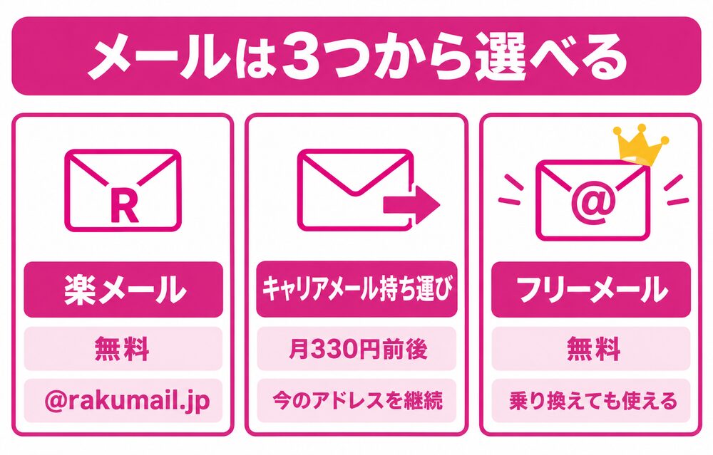 楽天モバイルのメールは3つから選べる(楽メール無料・キャリアメール持ち運び月330円前後・フリーメール無料で乗り換えても使える)