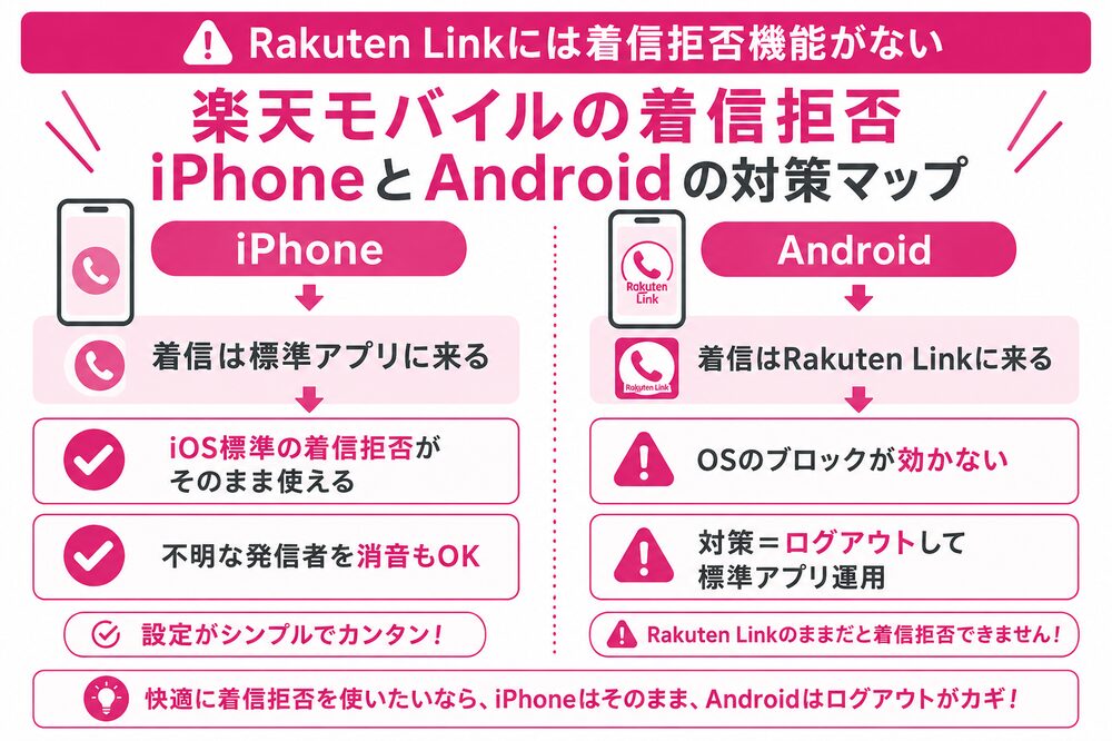 楽天モバイルの着信拒否 iPhoneとAndroidの対策マップ（Rakuten Linkには着信拒否機能がない。iPhone=着信が標準アプリでiOSの着信拒否が使える／Android=Linkに着信するためログアウトして標準アプリ運用が対策）