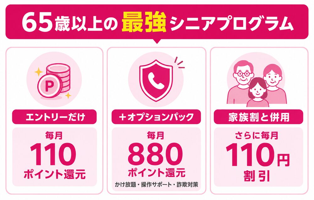65歳以上の最強シニアプログラム(エントリーだけで毎月110ポイント還元・オプションパックでさらに毎月880ポイント還元とかけ放題操作サポート詐欺対策・家族割と併用でさらに毎月110円割引)