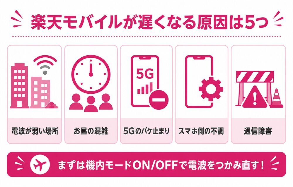 楽天モバイルが遅くなる原因は5つ(電波・お昼の混雑・5Gパケ止まり・スマホ側の不調・通信障害)