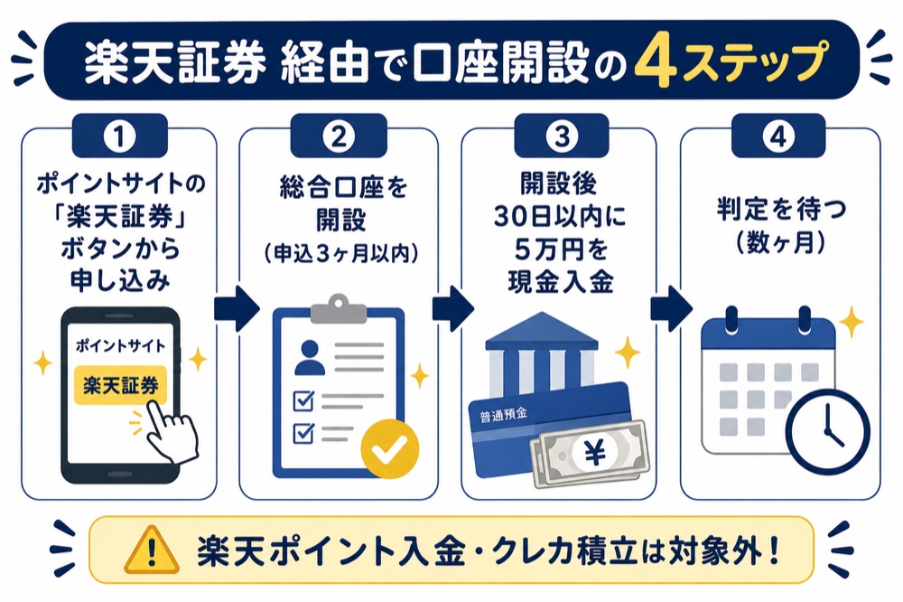 楽天証券を経由で口座開設する4ステップの図解。①ポイントサイトの楽天証券ボタンから申し込み ②総合口座を開設(申込3ヶ月以内) ③開設後30日以内に5万円を現金入金 ④判定を待つ。楽天ポイント入金・クレカ積立は対象外