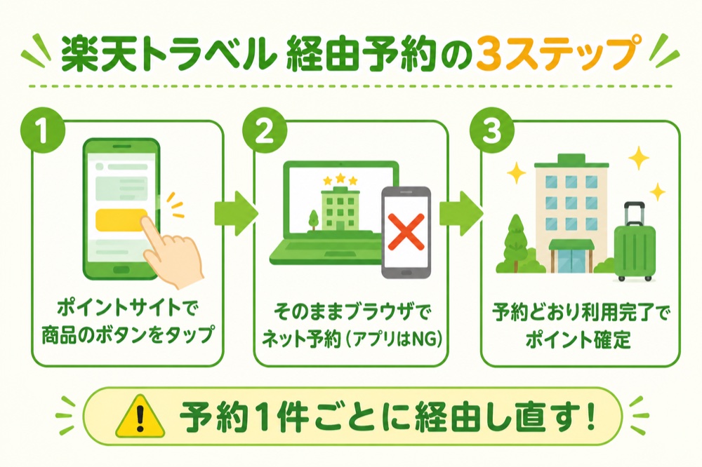 楽天トラベル経由予約の3ステップの図解。①ポイントサイトで商品のボタンをタップ ②そのままブラウザでネット予約(アプリはNG) ③予約どおり利用完了でポイント確定。予約1件ごとに経由し直すのが注意点
