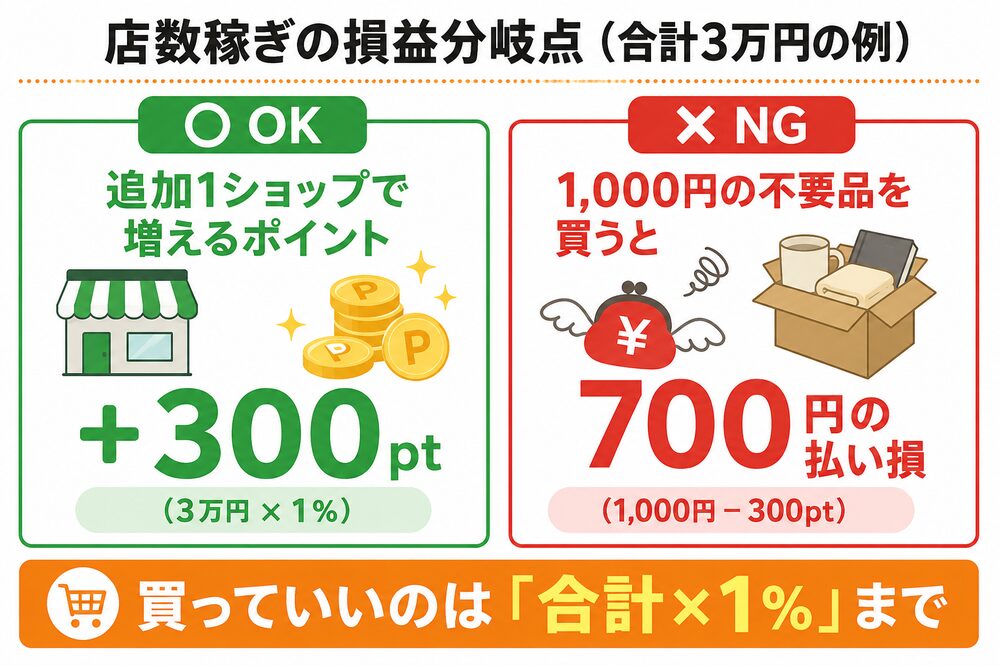 店数稼ぎの損益分岐点（合計3万円の例：追加1店+300pt vs 1,000円の不要品は700円の払い損）