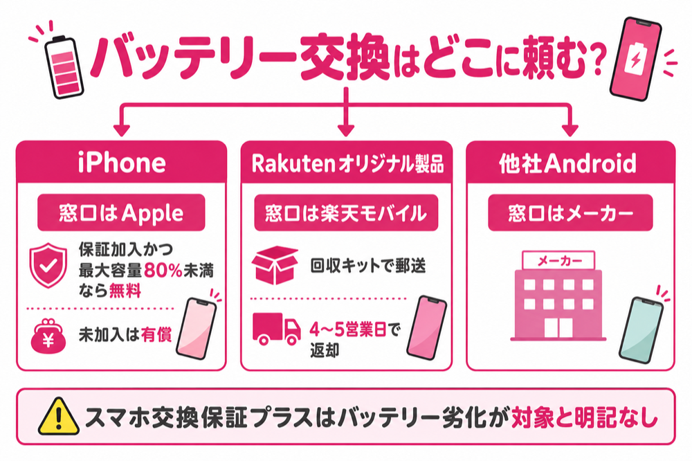 バッテリー交換はどこに頼む?iPhone・Rakutenオリジナル製品・他社Androidの窓口フロー