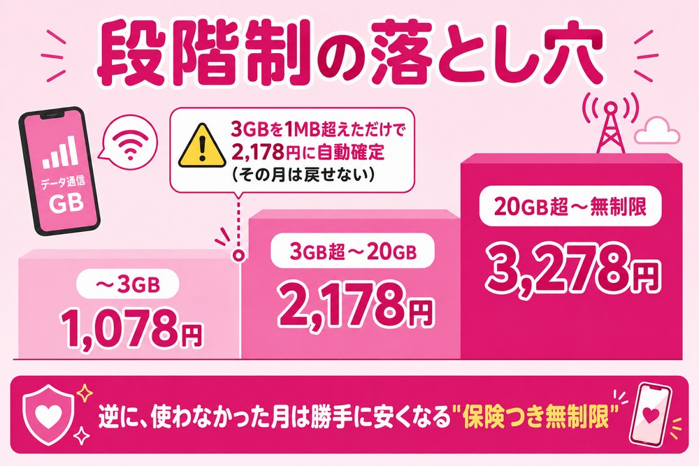 段階制の落とし穴(楽天最強プランは〜3GBで1,078円・3GB超〜20GBで2,178円・20GB超〜無制限で3,278円の3段階。3GBを1MB超えただけで2,178円に自動確定しその月は戻せない。逆に使わなかった月は勝手に安くなる保険つき無制限)