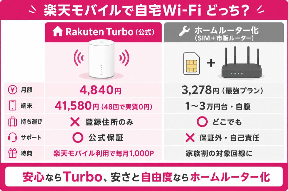 Rakuten Turboとホームルーター化の比較（月額・端末・持ち運び・サポート・特典）