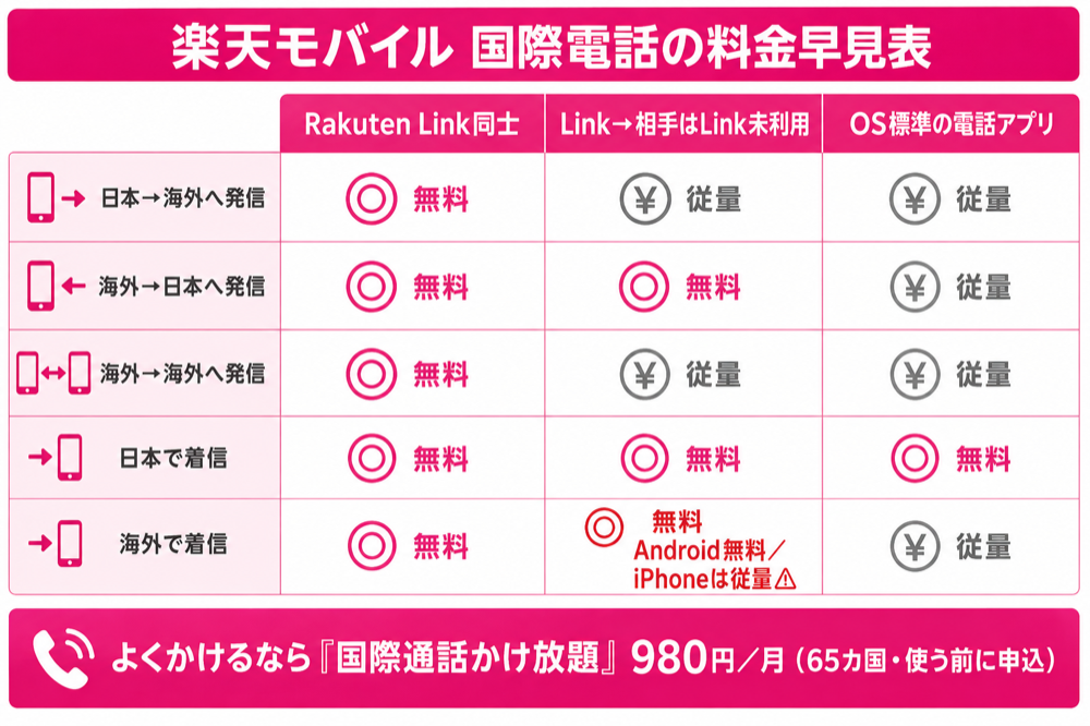 楽天モバイル 国際電話の料金早見表(発信・着信 × Link同士・Link未利用相手・OS標準アプリ)