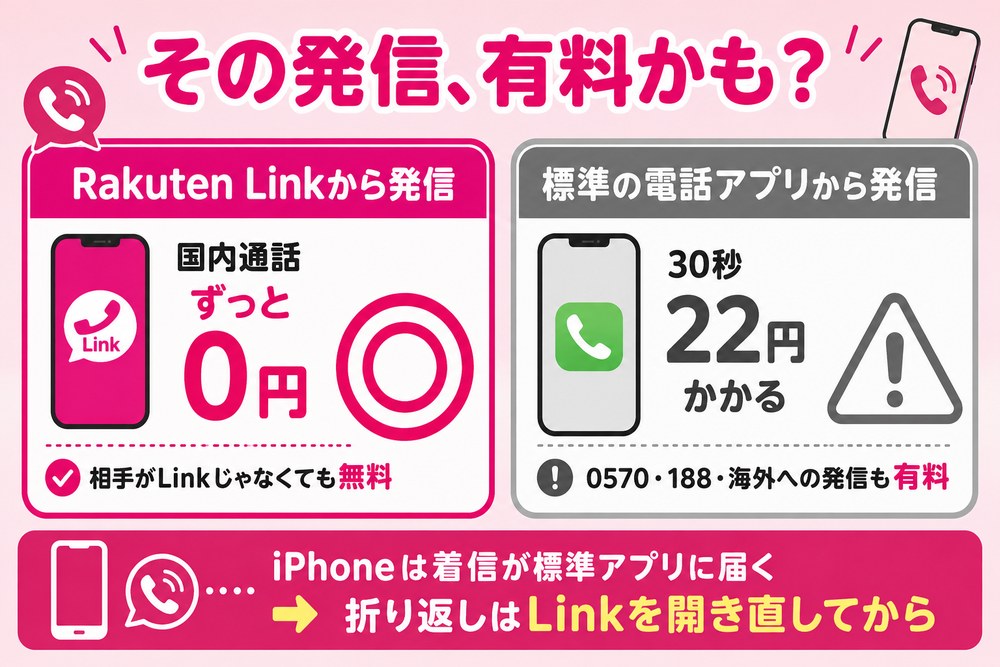 その発信、有料かも？（Rakuten Linkから発信すれば国内通話ずっと0円・相手がLinkじゃなくても無料／標準の電話アプリから発信すると30秒22円・0570・188・海外への発信も有料。iPhoneは着信が標準アプリに届くので折り返しはLinkを開き直してから）