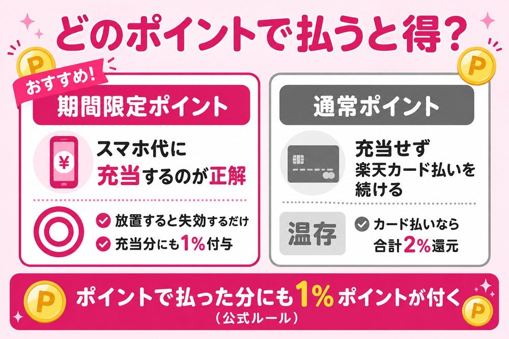 どのポイントで払うと得?(期間限定ポイントはスマホ代に充当するのが正解=放置すると失効するだけ・充当分にも1%付与/通常ポイントは充当せず楽天カード払いを続けて温存=カード払いなら合計2%還元。ポイントで払った分にも1%ポイントが付く公式ルール)