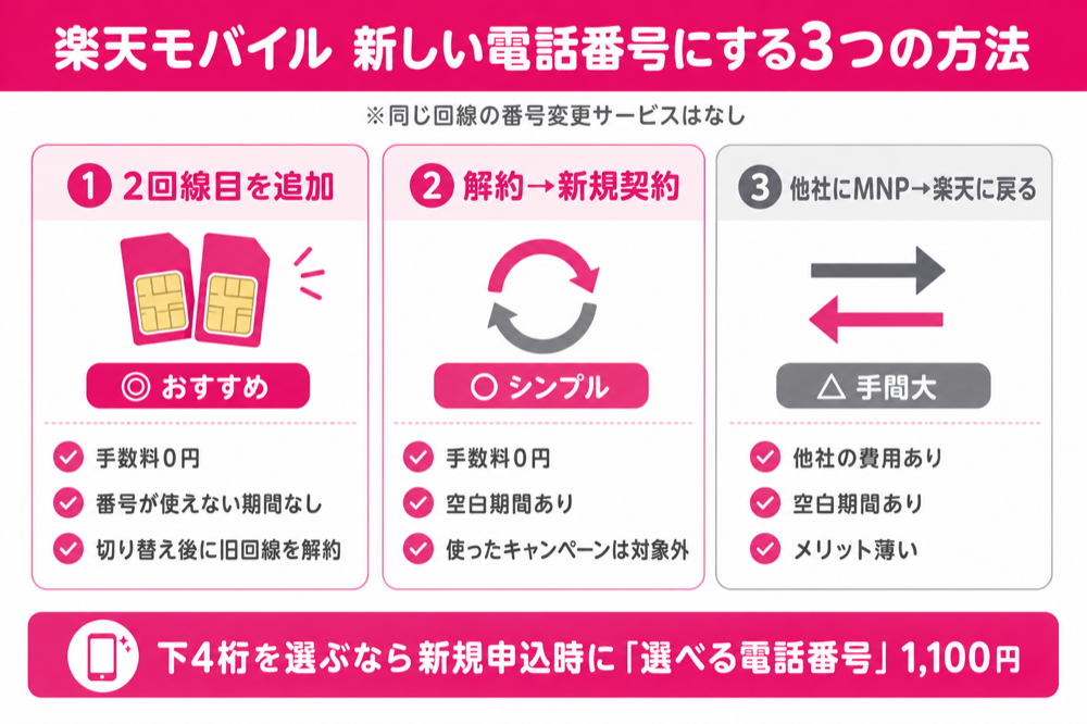 楽天モバイルで新しい電話番号にする3つの方法(2回線目追加・解約→新規・MNP往復)の比較