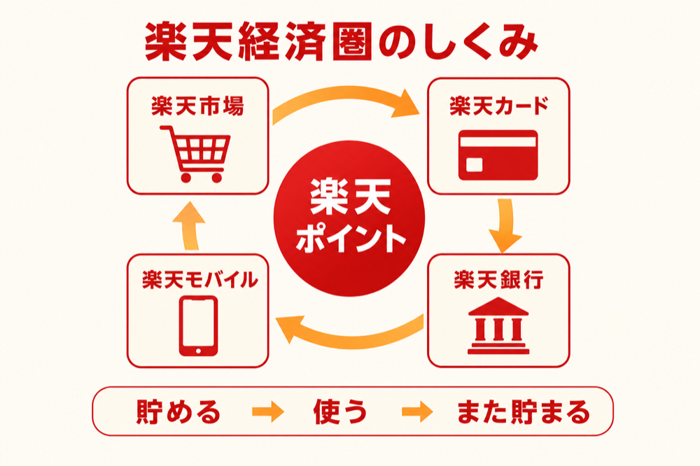楽天経済圏のしくみ|楽天市場・楽天カード・楽天銀行・楽天モバイルで楽天ポイントが循環する図解