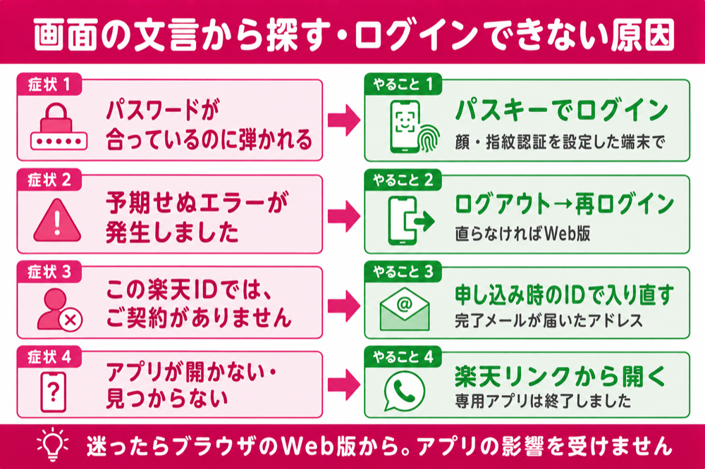症状別の対処:パスワードが弾かれる→パスキー、予期せぬエラー→再ログイン、ご契約がありません→申込時のID、アプリが開かない→Rakuten Link