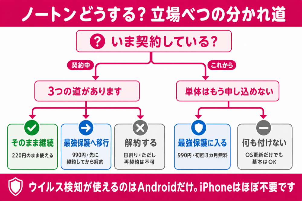 ノートン契約中なら継続・移行・解約の3択、これからの人は最強保護か何も付けないかの2択