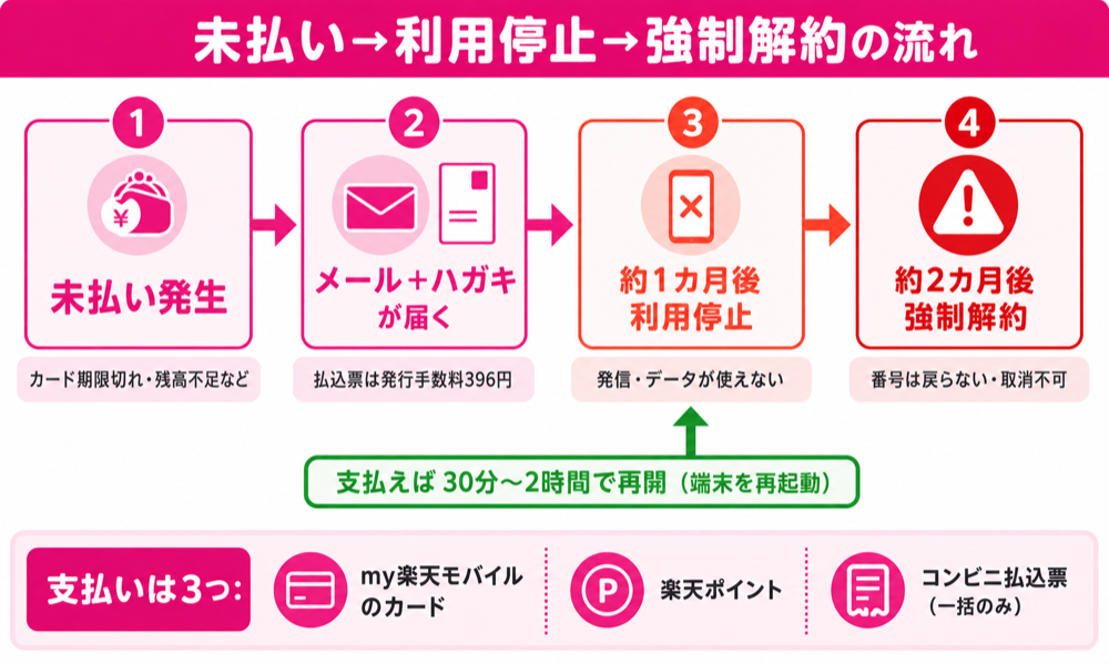未払い発生から約1カ月後に利用停止、約2カ月後に強制解約までの流れ図