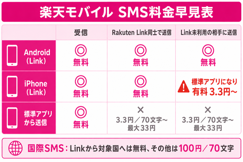楽天モバイル SMS料金早見表（受信・Link同士・Link未利用相手 × Android・iPhone・標準アプリ）