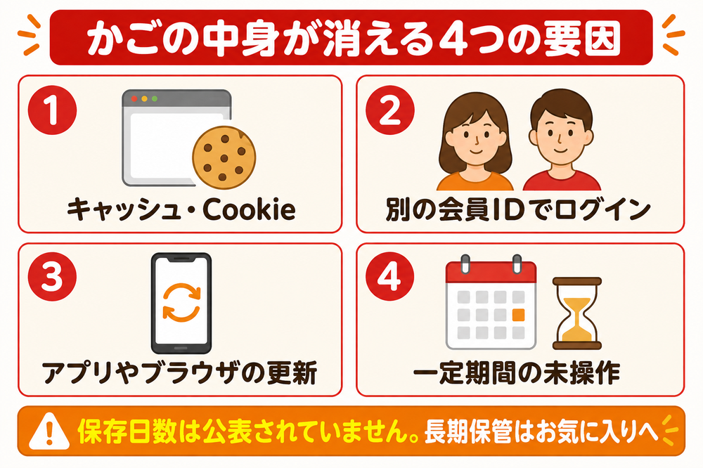 楽天の買い物かごの中身が消える4つの要因|キャッシュとCookie、別の会員IDでログイン、アプリやブラウザの更新、一定期間の未操作