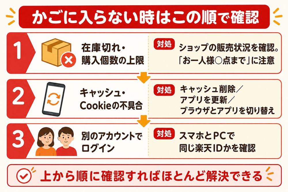 楽天の買い物かごに入らない時の確認順|在庫切れと購入個数の上限、キャッシュとCookieの不具合、別アカウントでのログイン