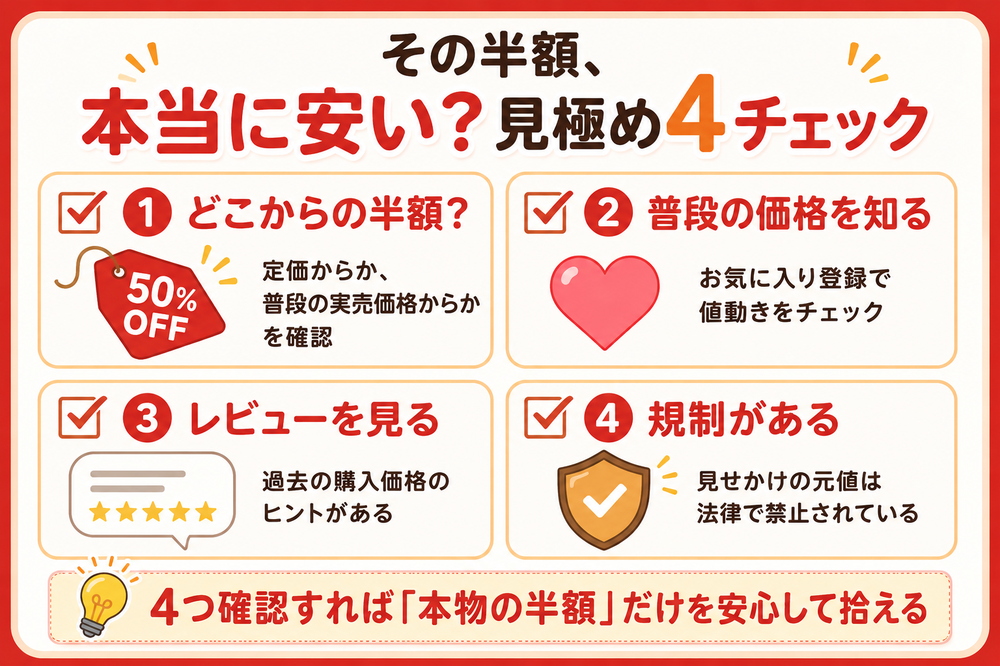 楽天スーパーセールの半額が本当に安いか見極める4チェック|どこからの半額か・普段の価格・レビュー・二重価格の規制