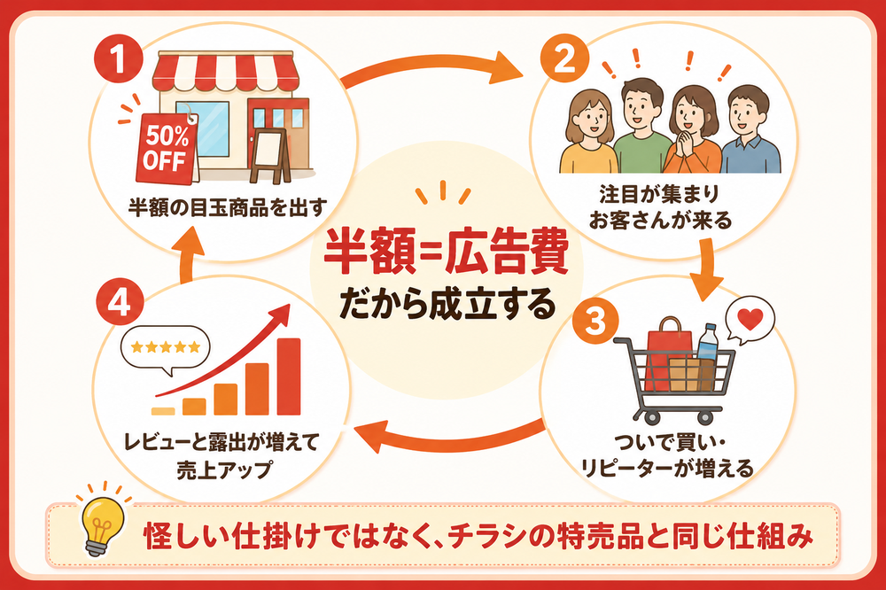 半額のからくり=お店の広告費|半額の目玉で集客し、ついで買い・リピーター・レビューと露出で元を取るループ