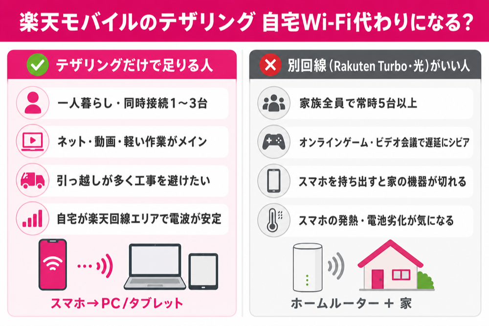 楽天モバイルのテザリングだけで足りる人と別回線がいい人の対比図