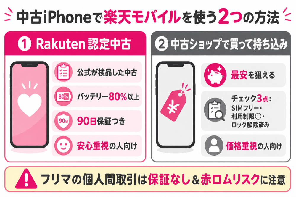中古iPhoneで楽天モバイルを使う2つの方法 認定中古と持ち込みの比較図