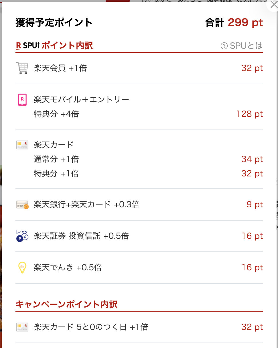楽天市場の商品ページで開いた獲得予定ポイントの内訳（2026年9月5日・5と0のつく日にエントリー後）。キャンペーンポイント内訳に「楽天カード 5と0のつく日 +1倍」が表示されている