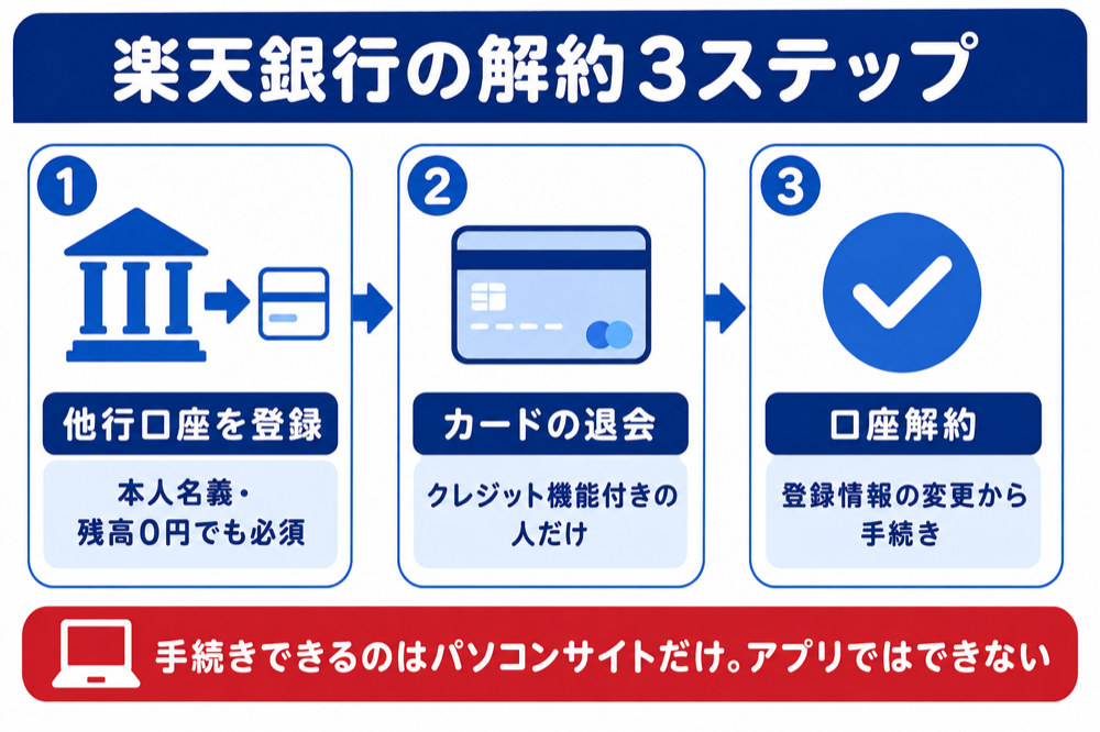 楽天銀行の解約3ステップ(①本人名義の他行口座を登録②クレジット機能付きカードの退会③登録情報の変更から口座解約。手続きはパソコンサイトのみ)