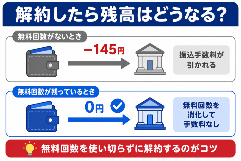 解約したら残高はどうなる?(無料回数がないと振込手数料145円が引かれる/無料回数が残っていれば消化して0円)