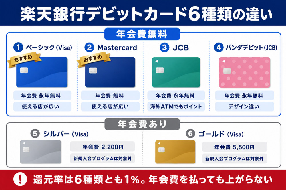 楽天銀行デビットカード6種類の違い(ベーシックVisa・Mastercard・JCB・パンダデビットは年会費無料/シルバー2,200円・ゴールド5,500円は新規入会プログラム対象外。還元率は6種類とも1%)