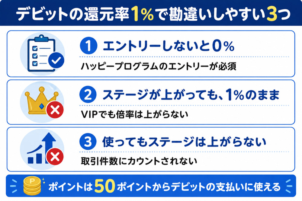 デビットカードの還元率1%で勘違いしやすい3つ(エントリーしないと0%・ステージが上がっても1%のまま・使ってもステージは上がらない)