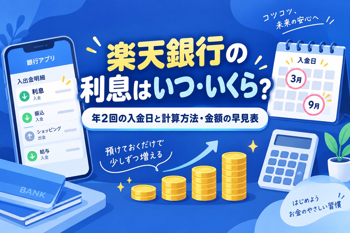 楽天銀行の利息はいつ・いくら入る?年2回の入金日と計算方法・100万円でもらえる金額の早見表
