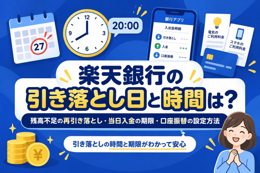 楽天銀行の引き落とし日と時間は？残高不足の再引き落とし・当日入金の期限・口座振替の設定方法まで